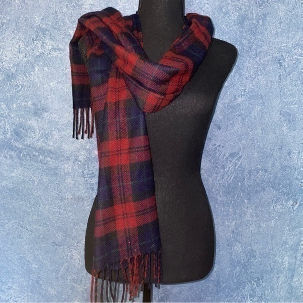 Christian Dior Tartan Plaid Red Fringe Scarf